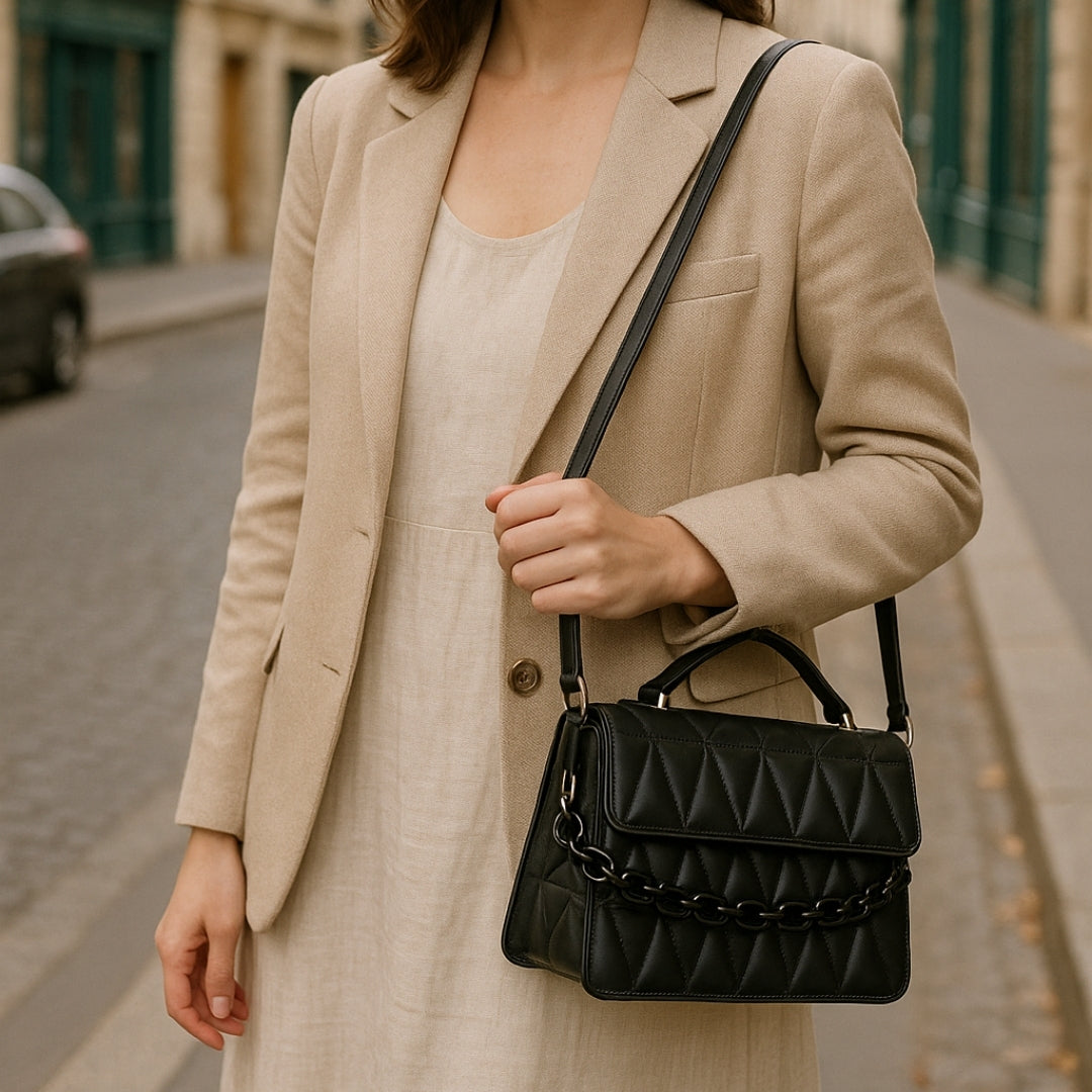 Black Texturized Casual Handbag